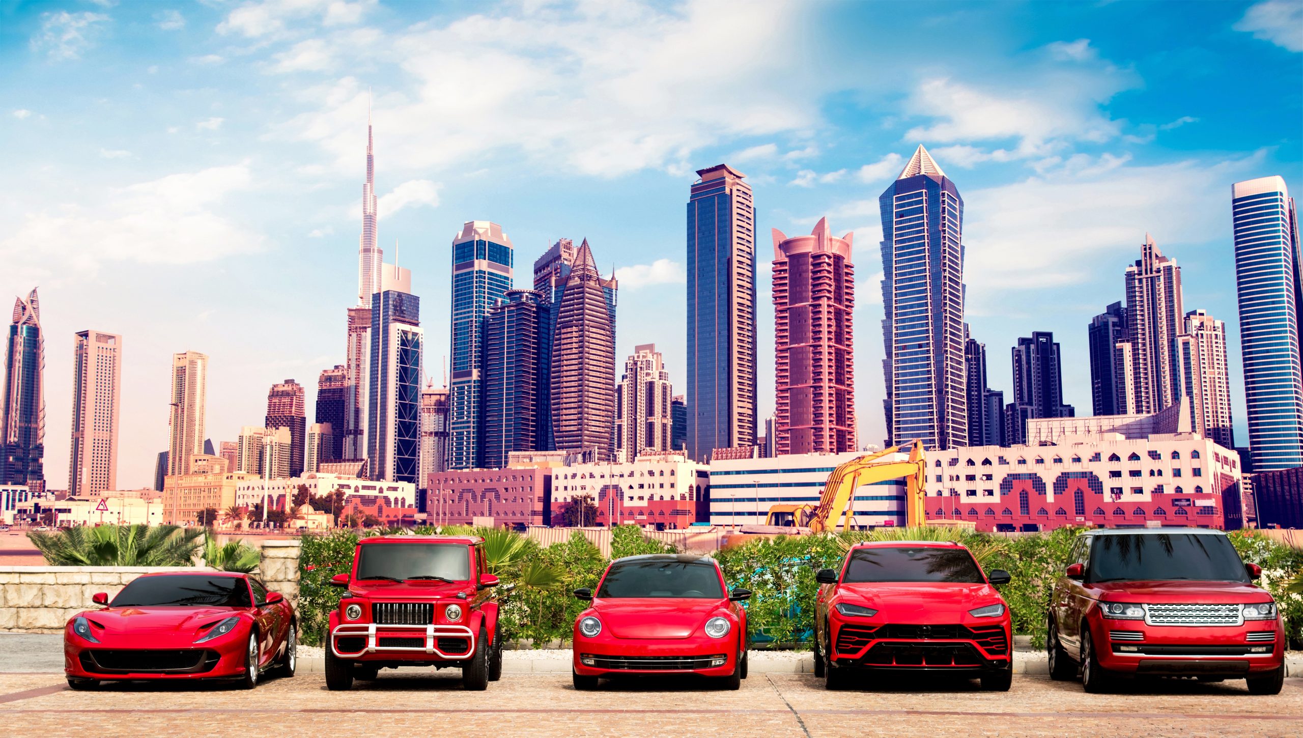 Fascinating,Cityscape,With,Expensive,Luxury,Red,Cars,In,The,Parking